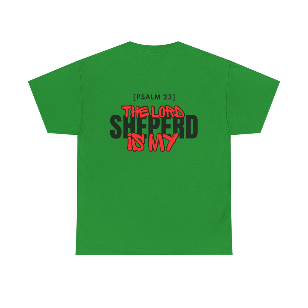 Green crewneck T-shirt with multicolor "Psalm 23" "Shepherd is my" graphic on chest