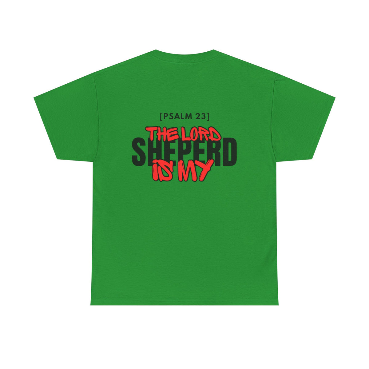 Green crewneck T-shirt with multicolor "Psalm 23" "Shepherd is my" graphic on chest