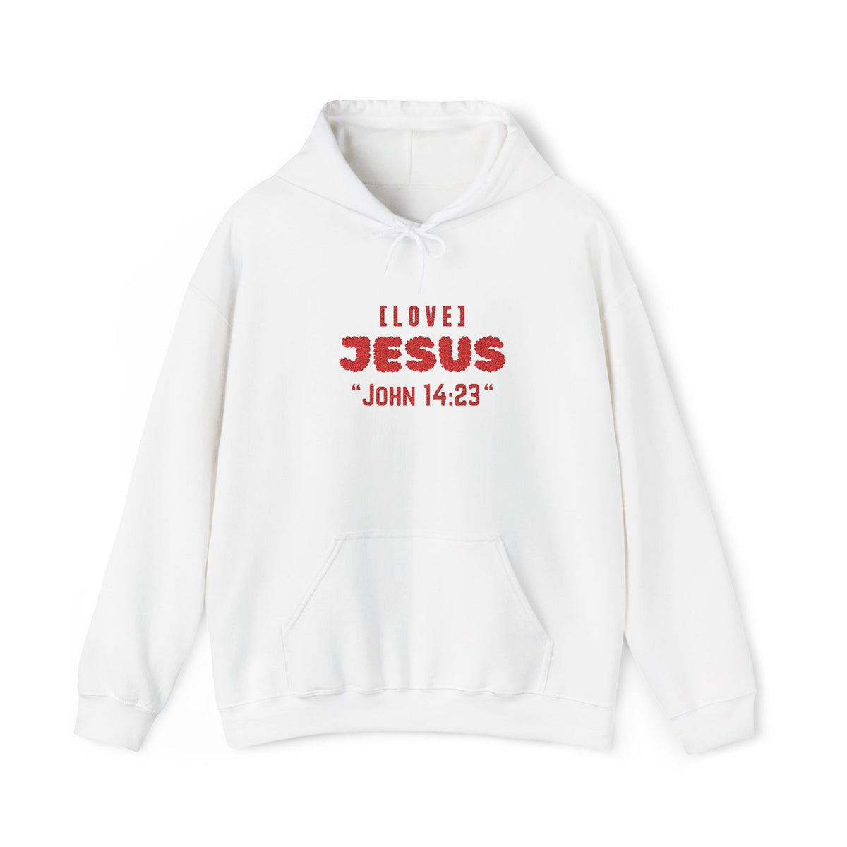 White hoodie with front pocket and red 'LOVE JESUS' text