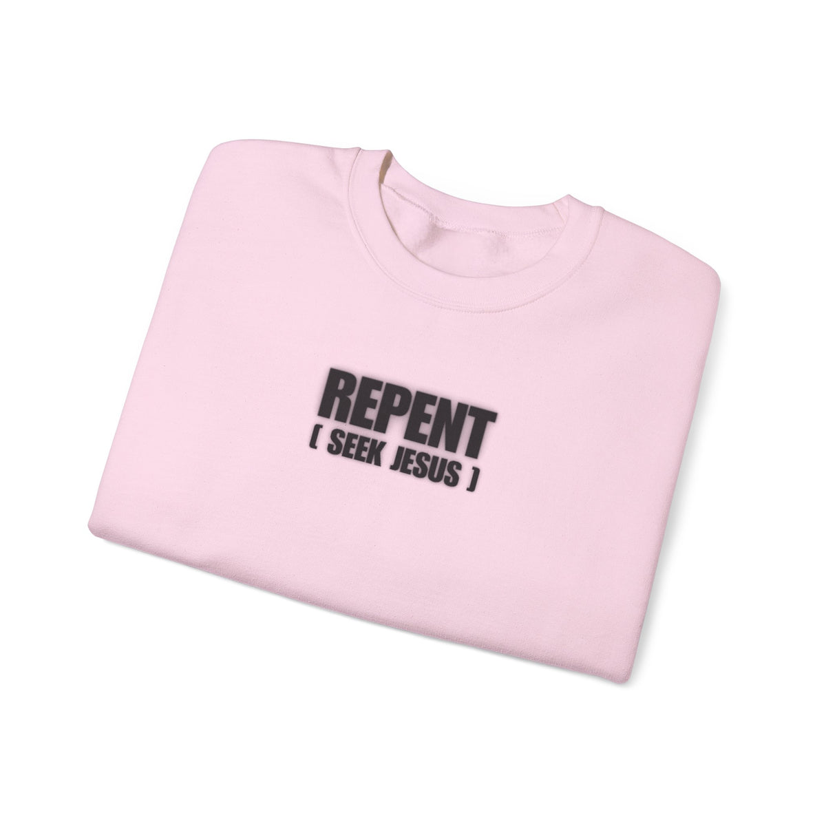 Light pink Repent sweater with "REPENT I SEEK JESUS" graphic