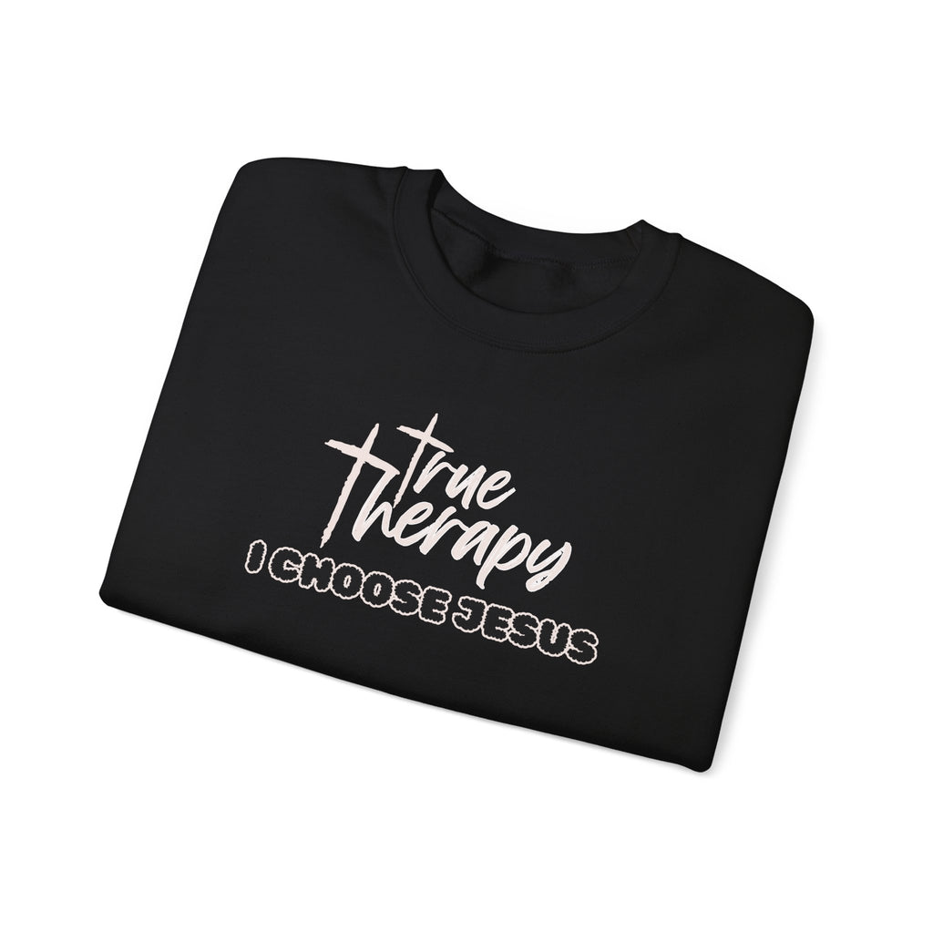 Black crewneck sweater with front True Therapy graphic and “I CHOOSE JESUS” text