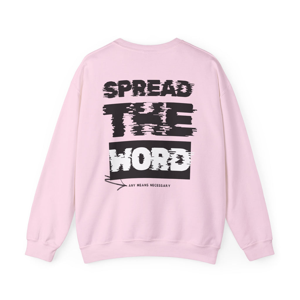 Light pink crewneck sweater with “SPEAK YOUR” graphic print on the back