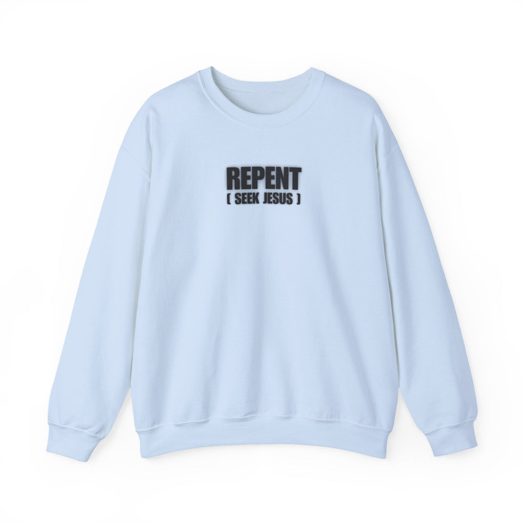 Light blue crewneck sweater with front text logo reading “REPENT I SEEK JESUS”
