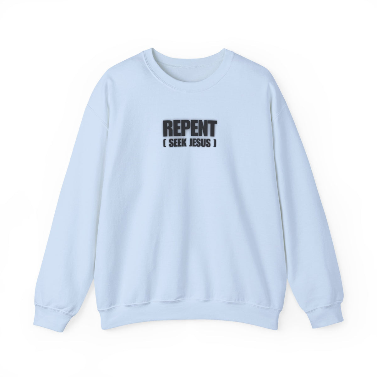 Light blue crewneck sweater with front text logo reading “REPENT I SEEK JESUS”