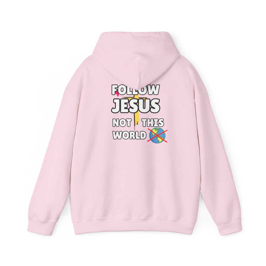 Light pink hoodie back view with hood and Follow Jesus Not This World graphic