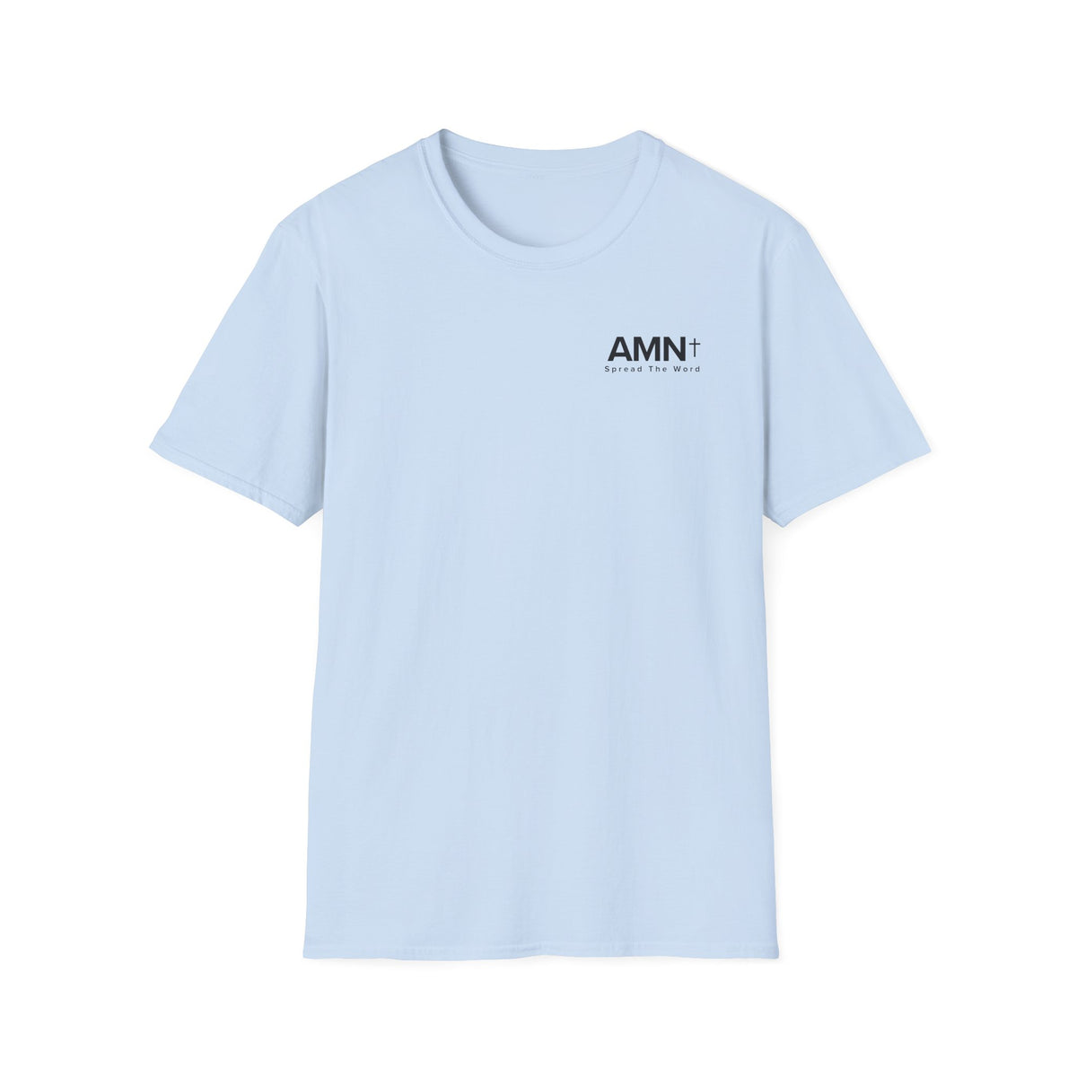 Light blue T-shirt with small AMN+ logo on chest