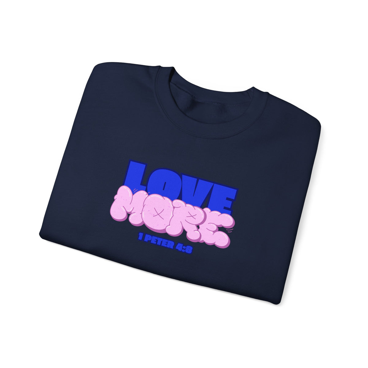 Navy crewneck sweater with long sleeves; pink LOVE graphic and small text on front
