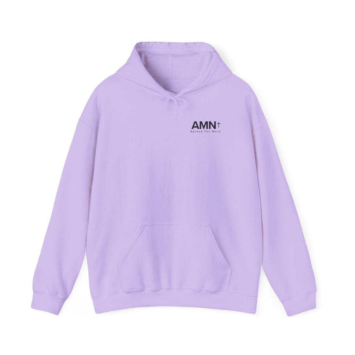 AMN+ lavender hoodie with drawstring hood, front pocket, small AMN+ logo.
