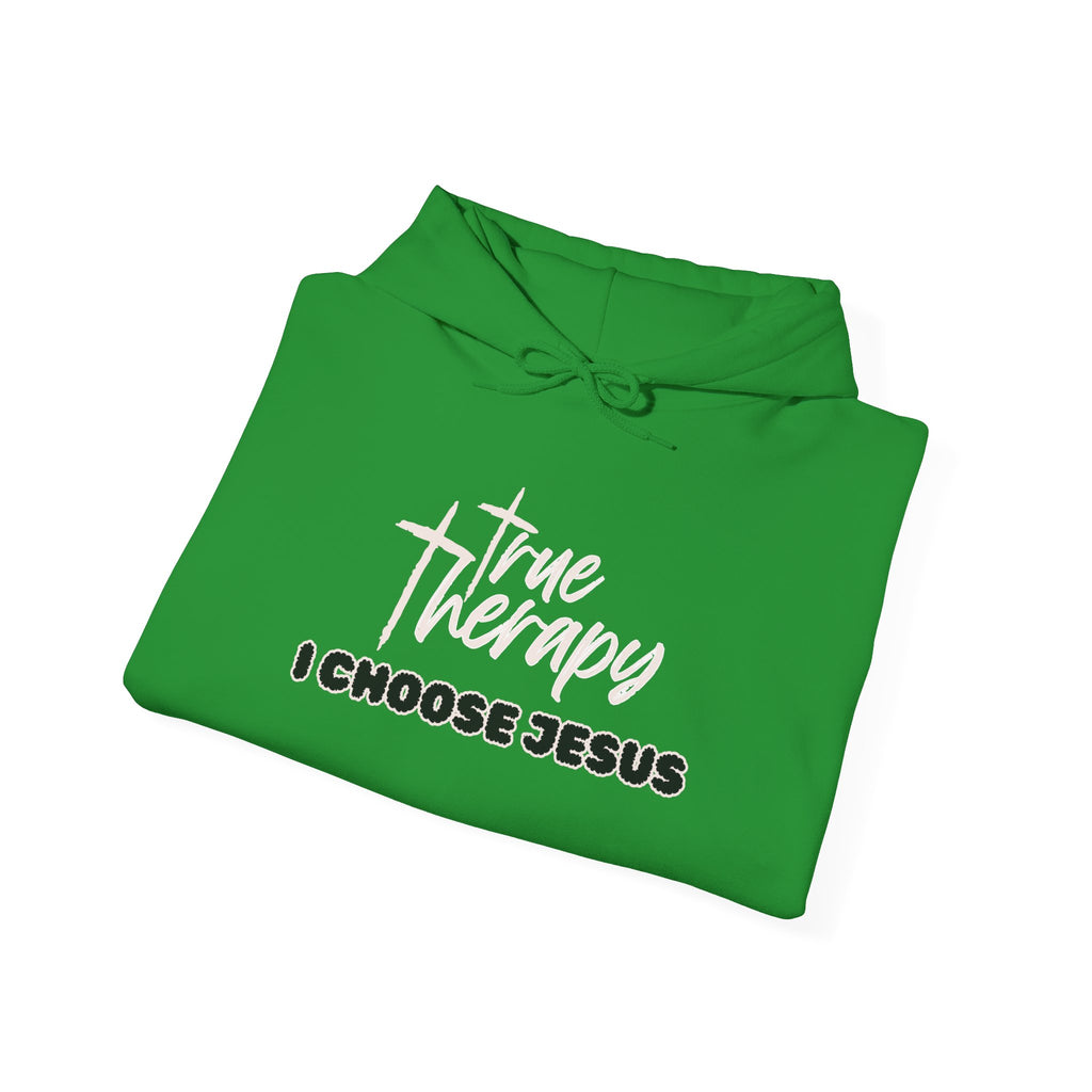 Bright green hoodie with drawstring hood and “I choose Jesus” front graphic