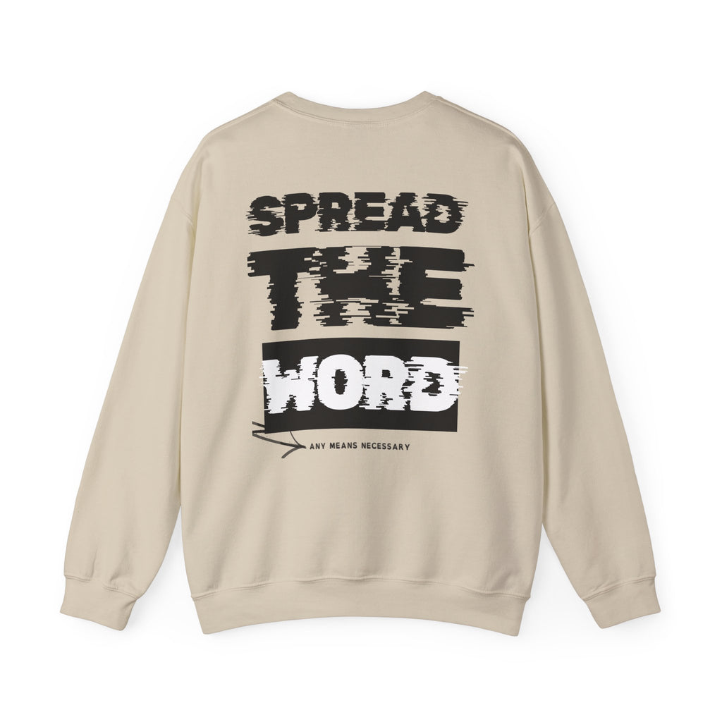 Beige crewneck sweater back graphic text with long sleeves and ribbed cuffs