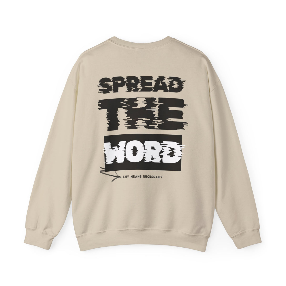 Beige crewneck sweater back graphic text with long sleeves and ribbed cuffs