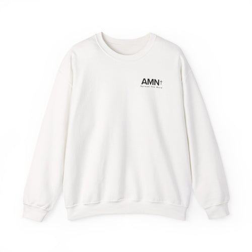 White crewneck sweater with small AMN logo on chest