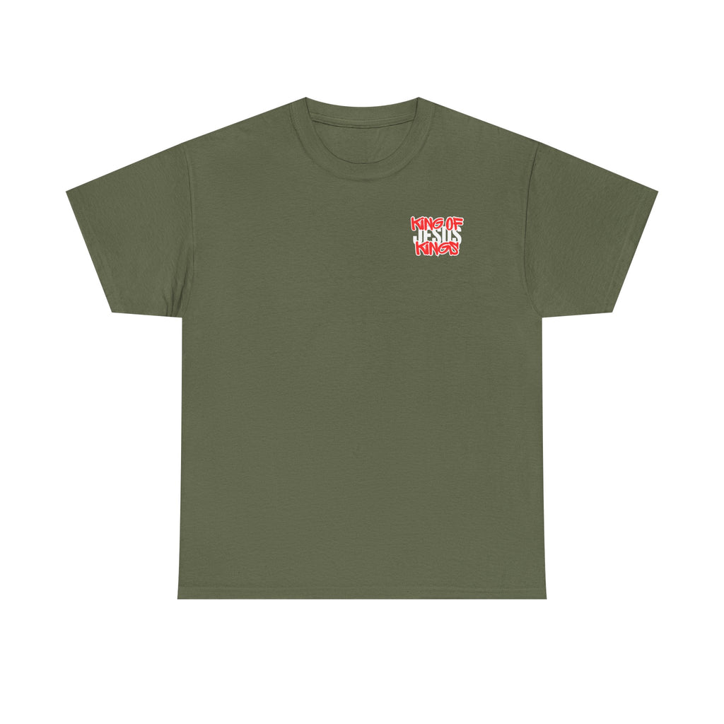 Olive green T-shirt with small multicolor front chest graphic.