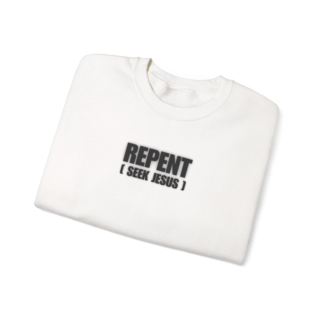 White sweatshirt with REPENT graphic printed on the front