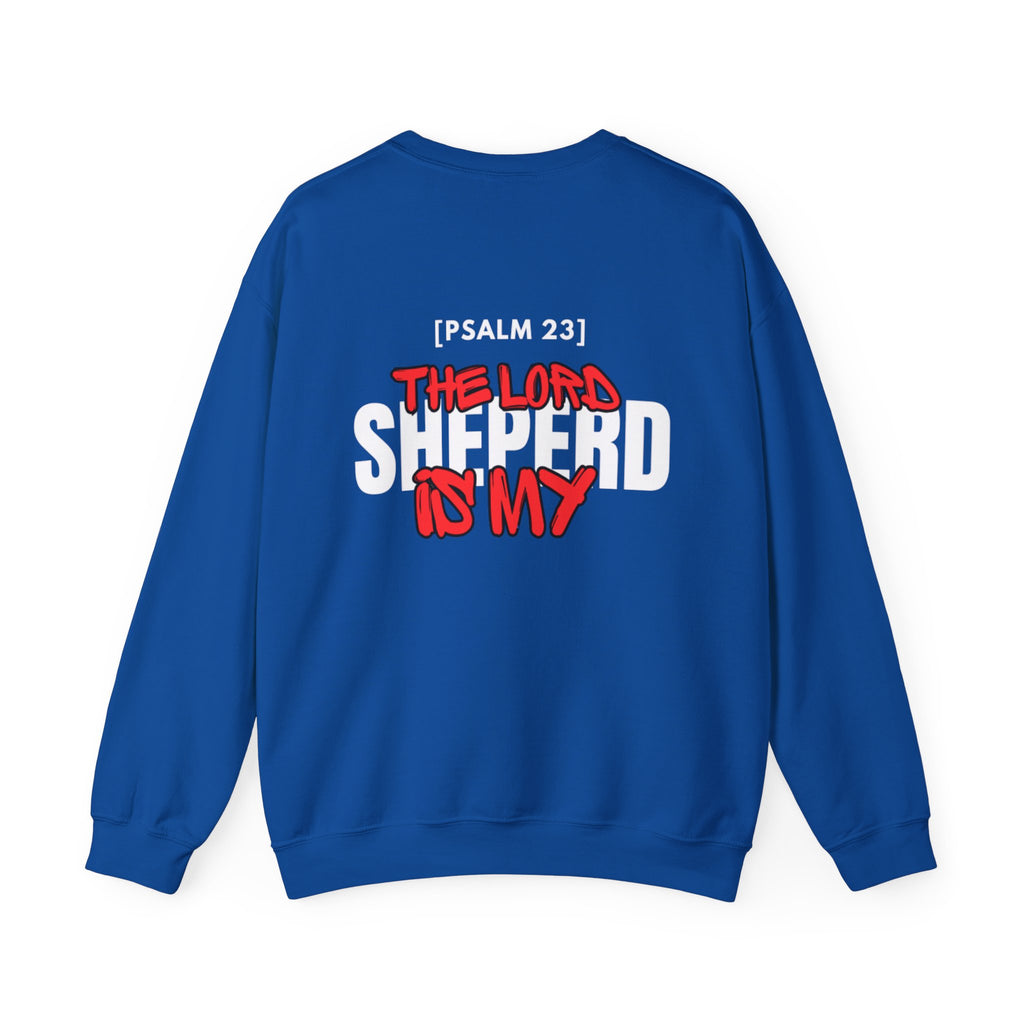 Royal blue sweater with centered 'The Lord Shepherd is My' back graphic