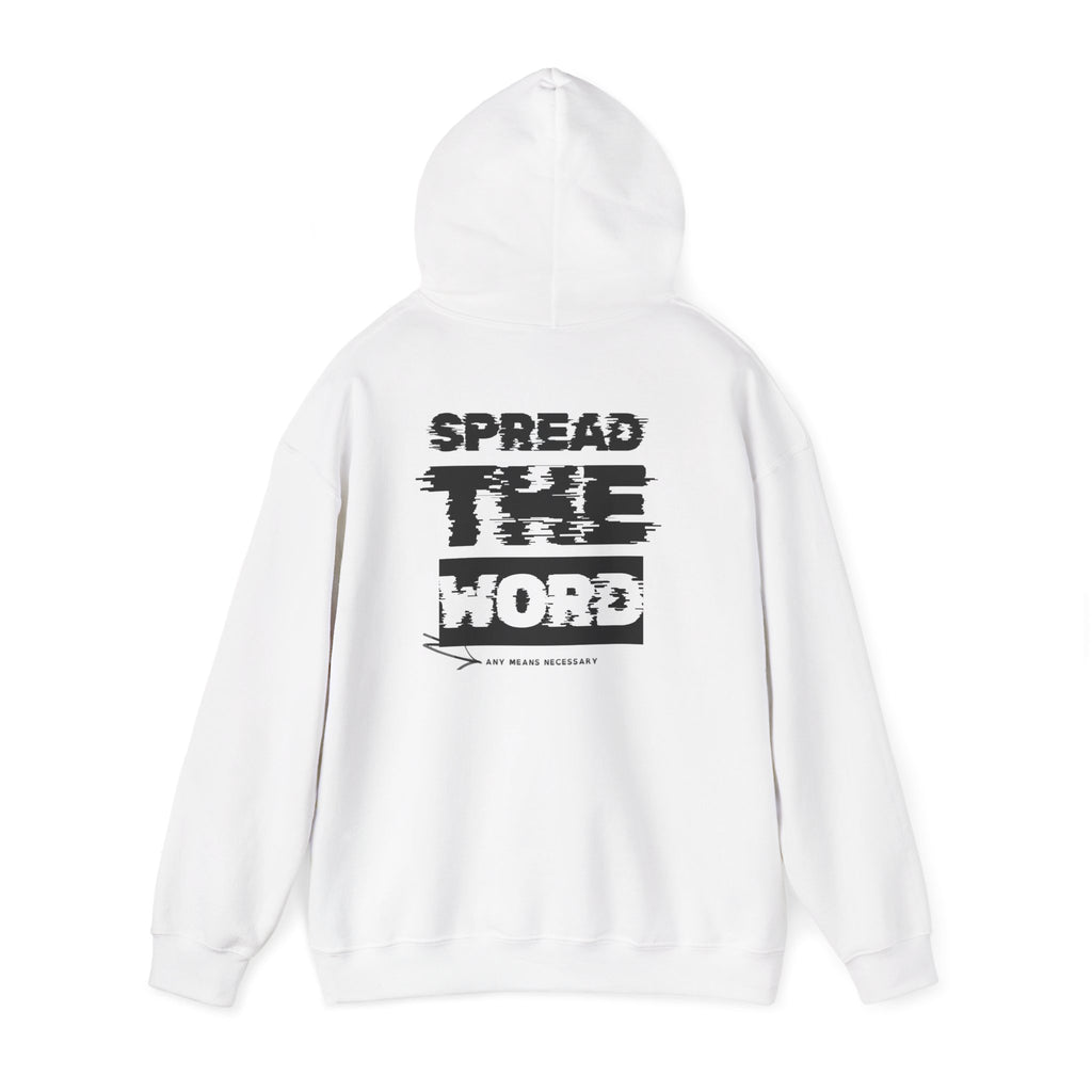White hoodie with hood and back graphic print, long sleeves and front pocket.