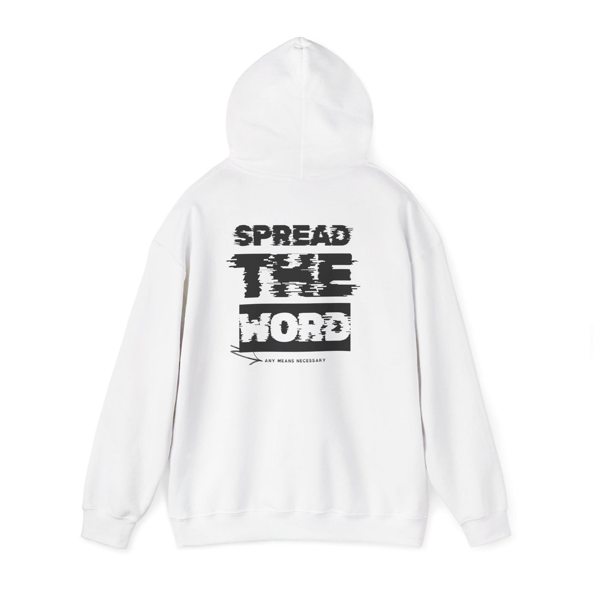 White hoodie with hood and back graphic print, long sleeves and front pocket.