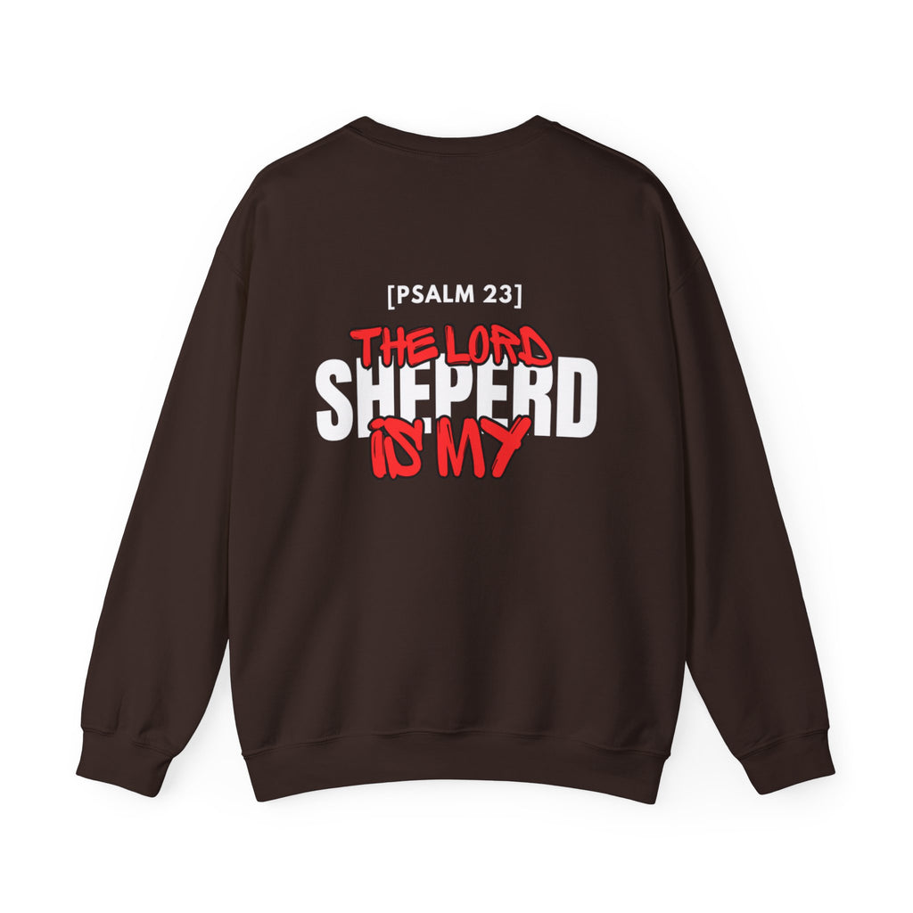 Dark chocolate crewneck sweater with Psalm 23 text and red/white front graphic