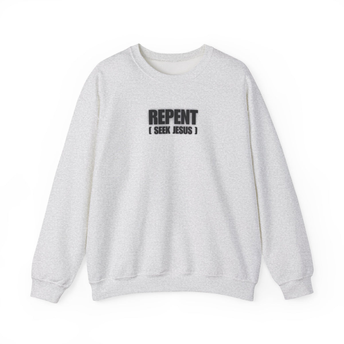 Gray crewneck sweater with front text logo reading “REPENT I SEEK JESUS”