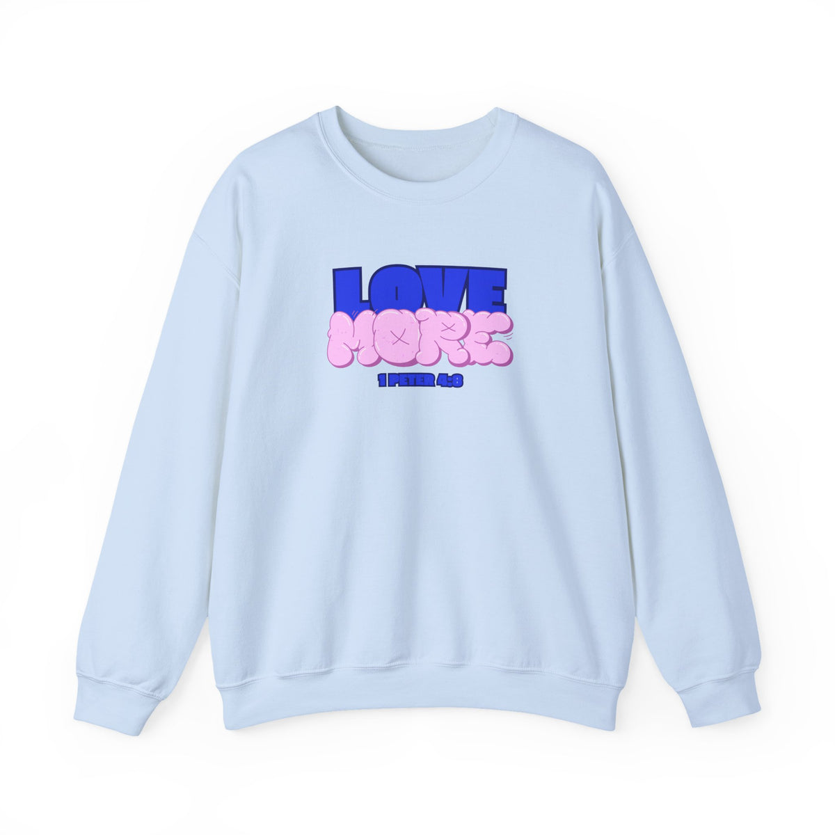 Love More sweater in light blue, crewneck with blue LOVE graphic and pink plush-style shapes