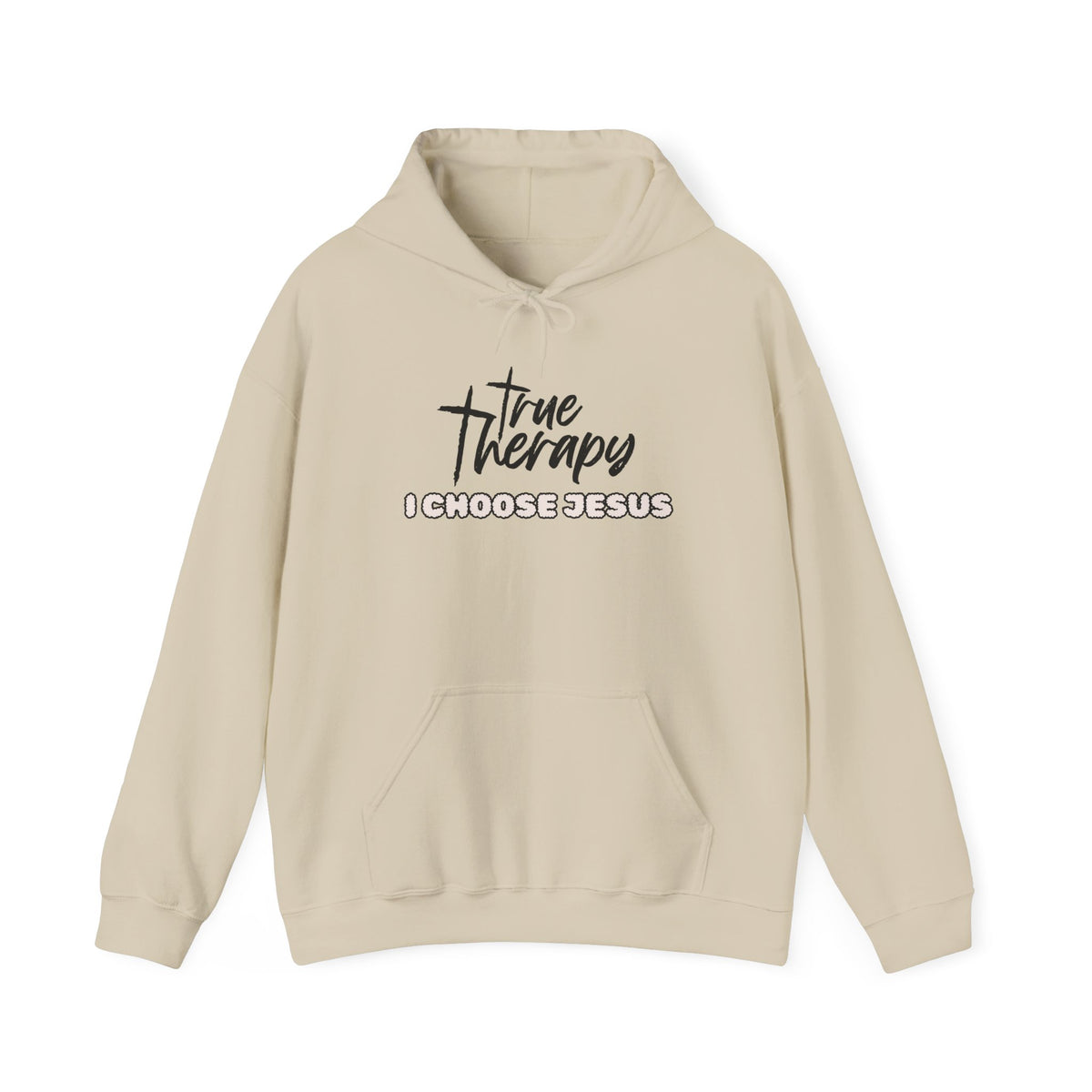 Sand beige hoodie with chest graphic logo and text "I choose Jesus"