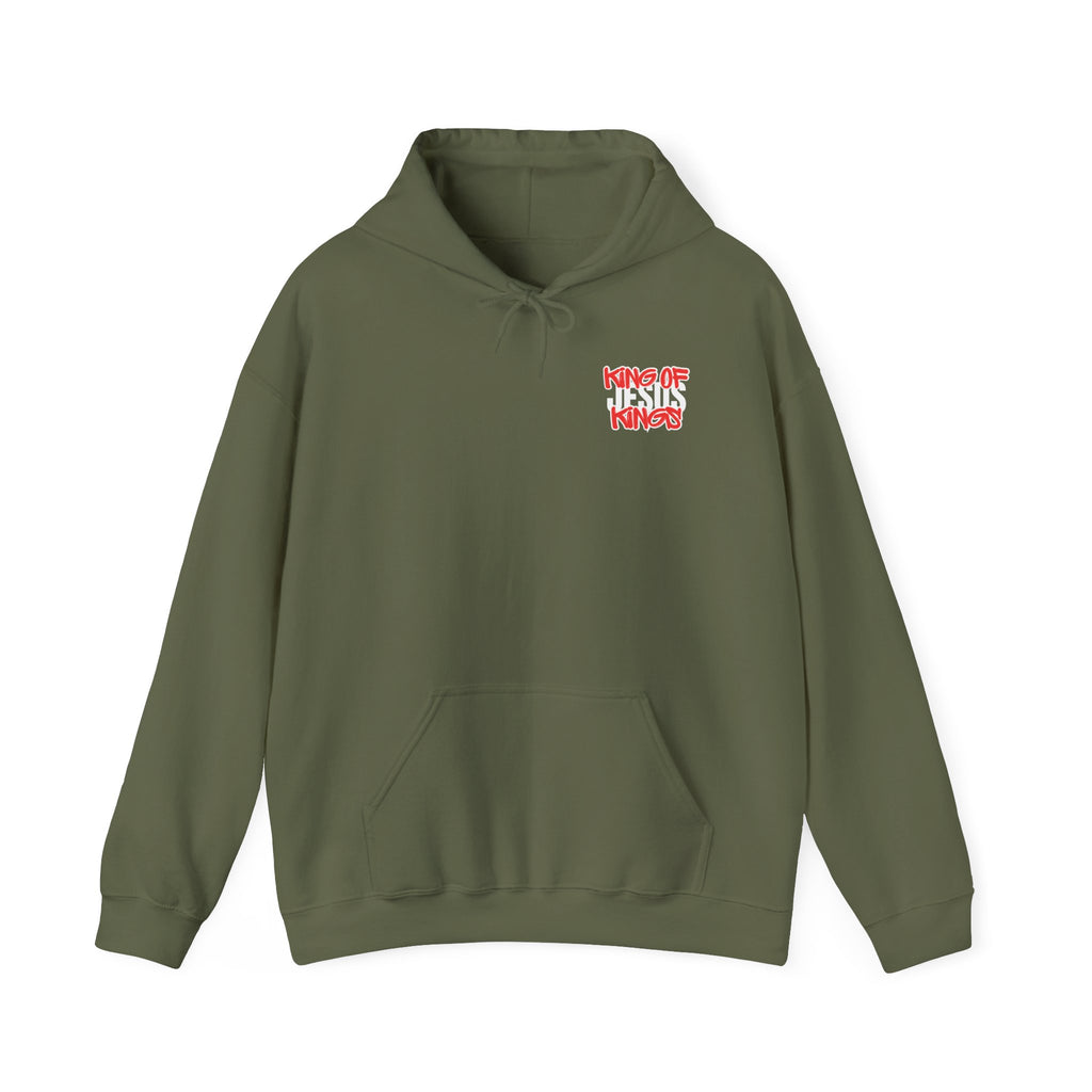 Olive green hoodie with drawstring hood, kangaroo pocket, and small red chest text graphic