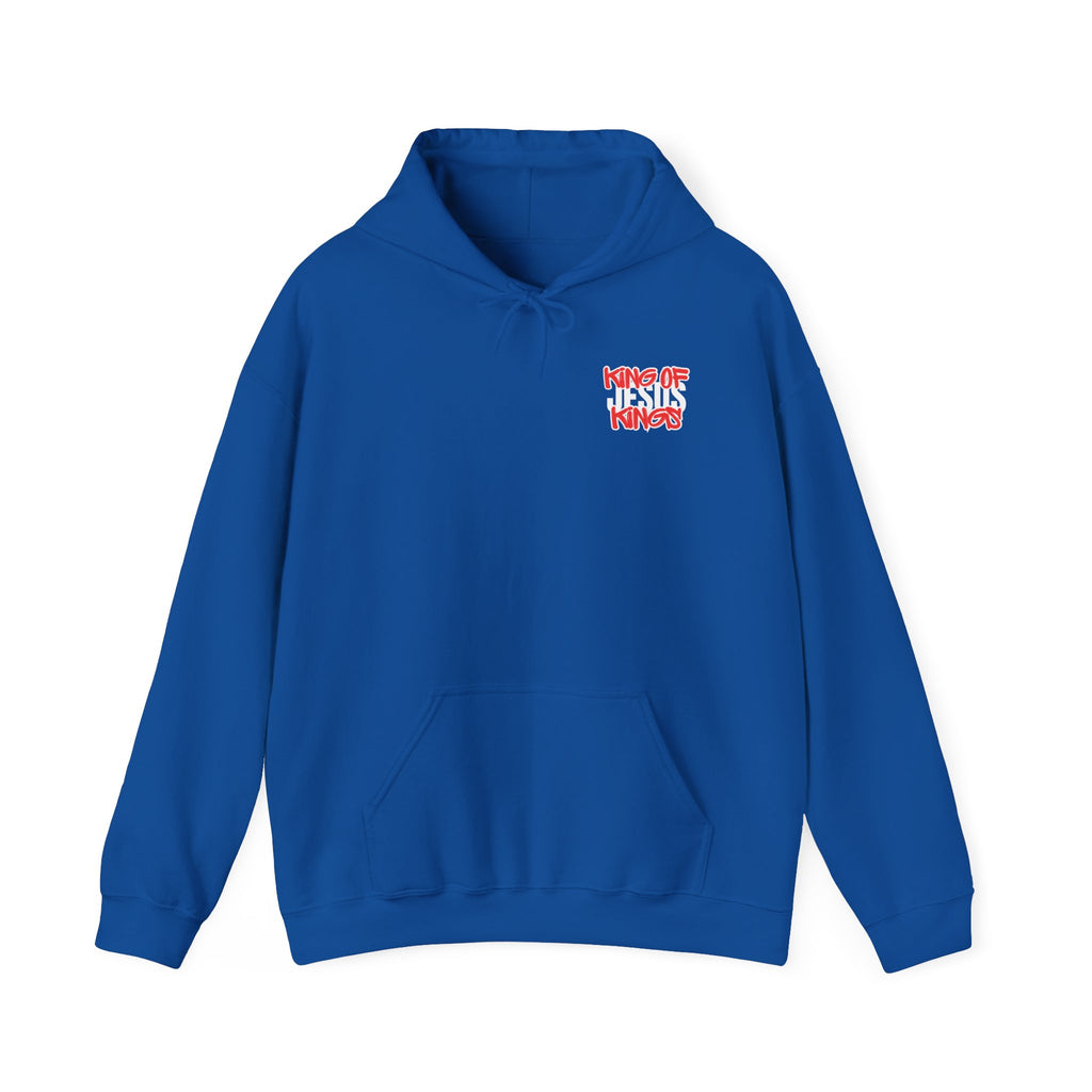 Royal blue hoodie with hood, front kangaroo pocket, and small chest logo