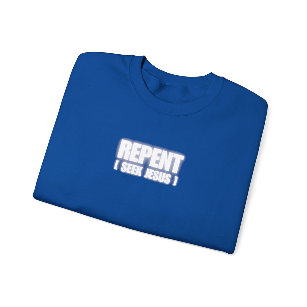 Dark blue Repent sweater with "REPENT I SEEK JESUS" graphic
