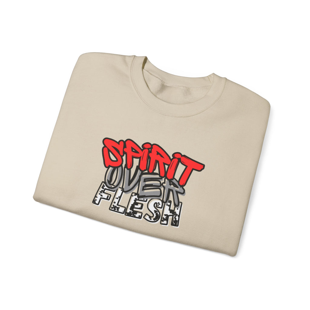 Sweater in light tan with red-and-white “Spirit Over Flesh” front graphic