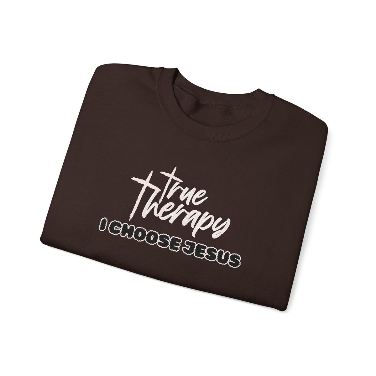 Dark brown crewneck sweater, close-up of front graphic print