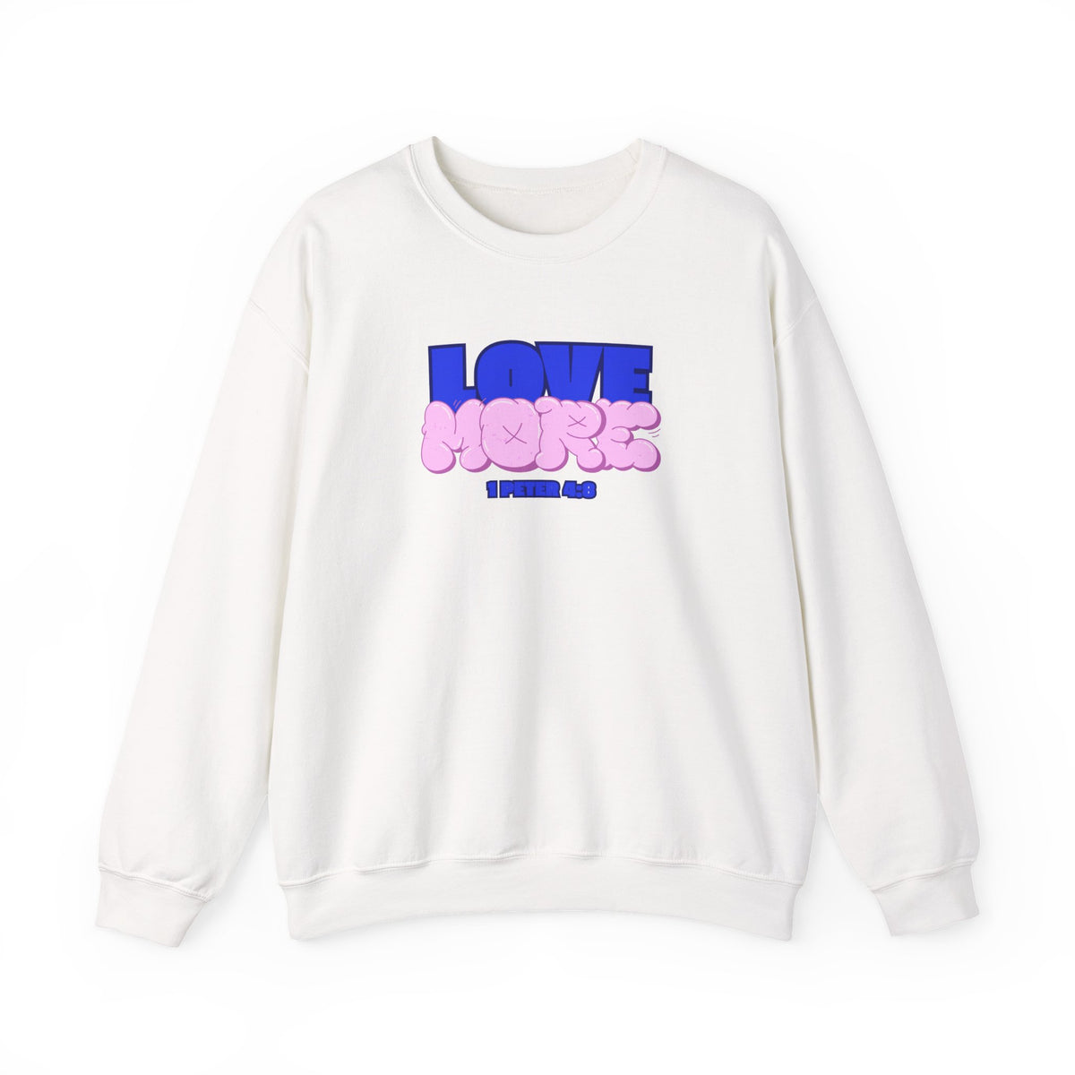 Love More sweater in white, crewneck with blue LOVE graphic and pink plush-style shapes