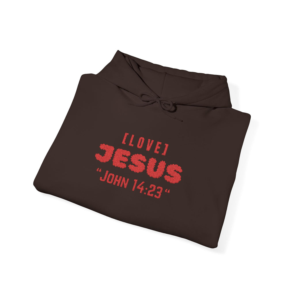 Dark brown hoodie with red "I LOVE JESUS" and "JOHN 14:23" text, front pouch, drawstring hood.