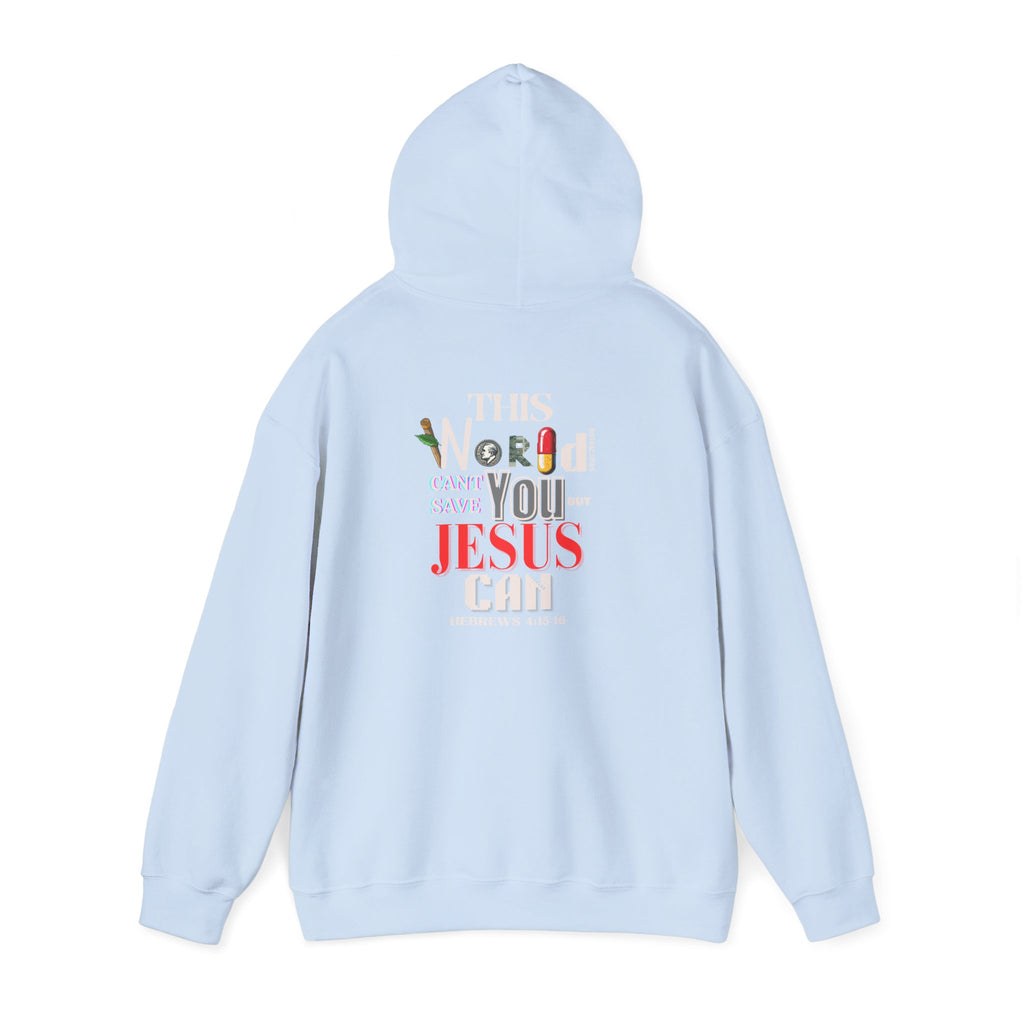 Light blue pullover hoodie with hood and “I can’t save you but Jesus” back print