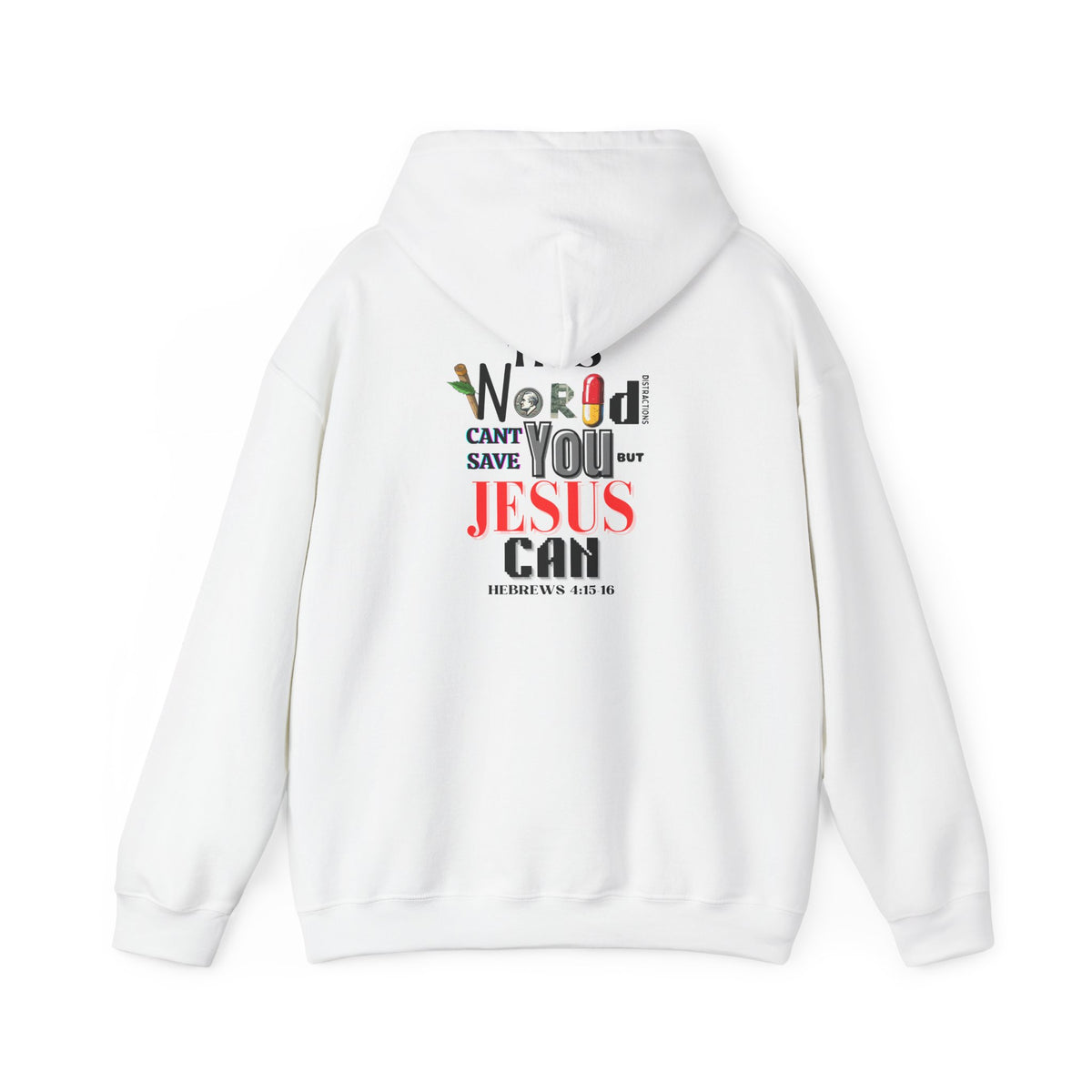 White hoodie with drawstring hood and colorful “World” and “Jesus” graphic