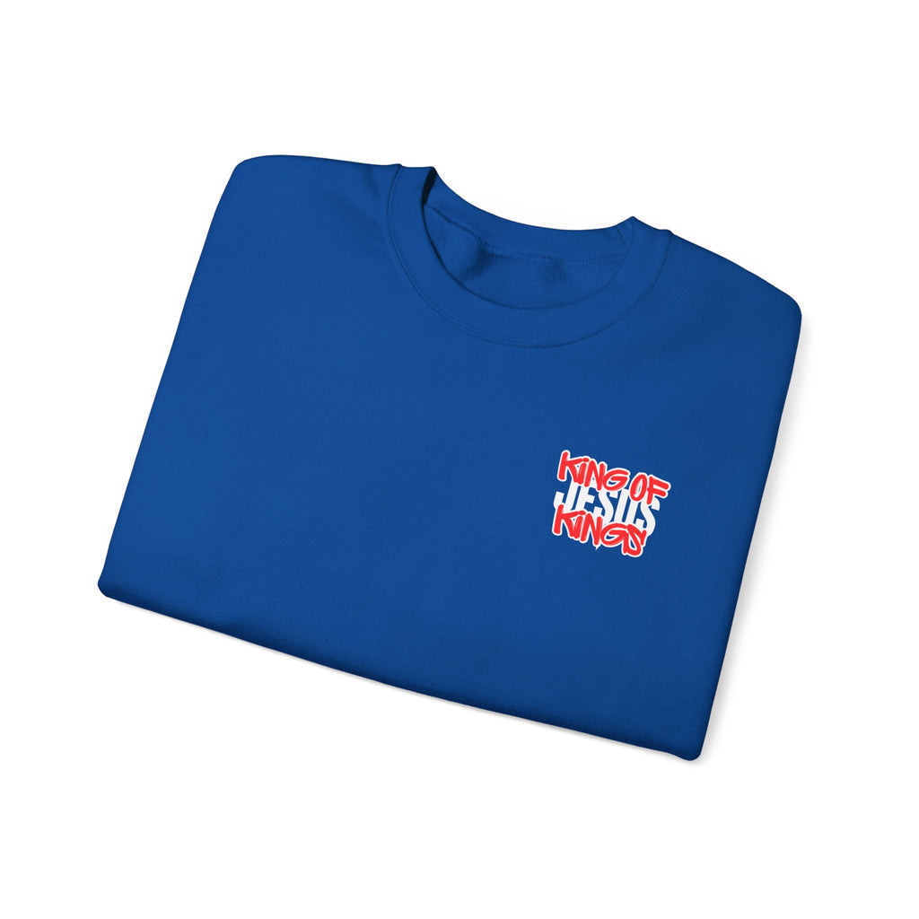 Blue crewneck t-shirt with small front graphic logo