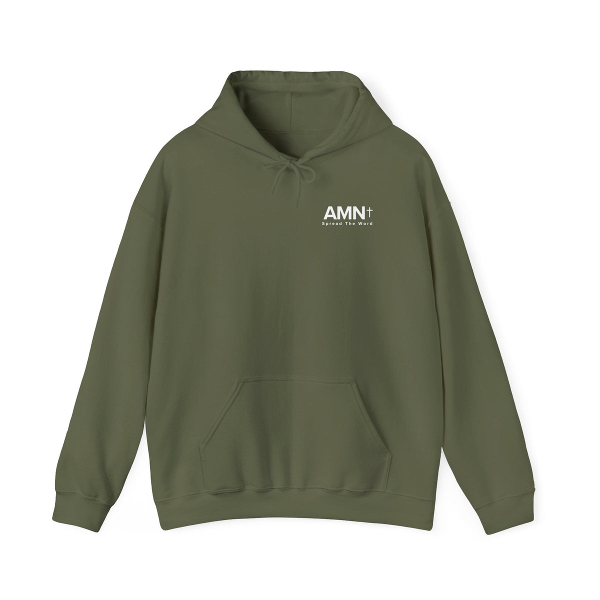 Military green hoodie with front pocket, hood drawstrings, and AMN+ logo on chest