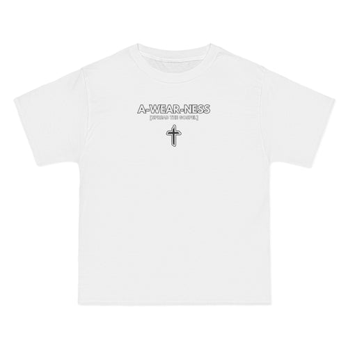 White oversized tee with A-WEAR-NESS front logo and cross graphic