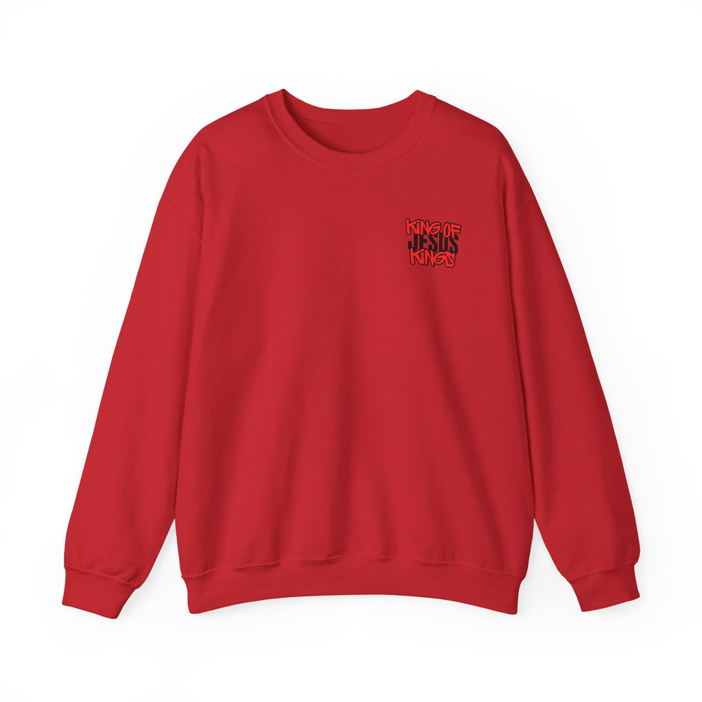 Red crewneck sweatshirt with small front graphic logo