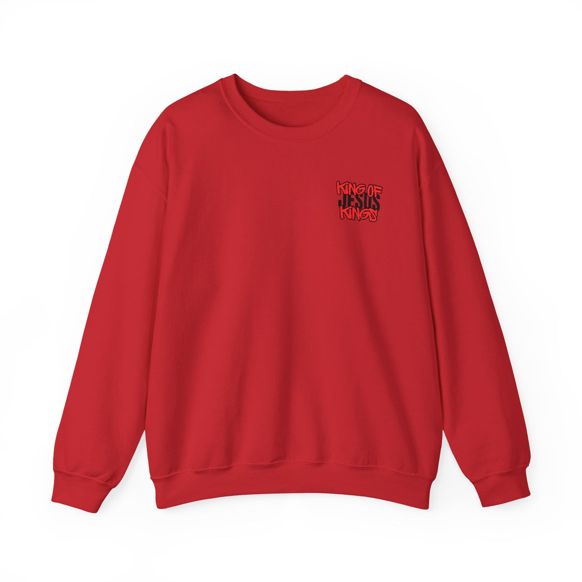 Red crewneck sweatshirt with small front graphic logo