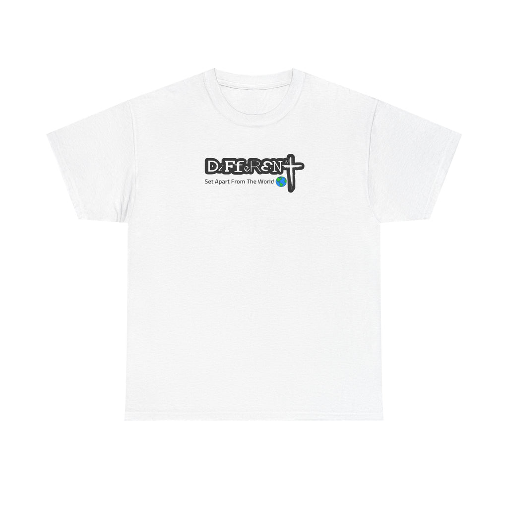 White crew-neck T-shirt with front logo graphic