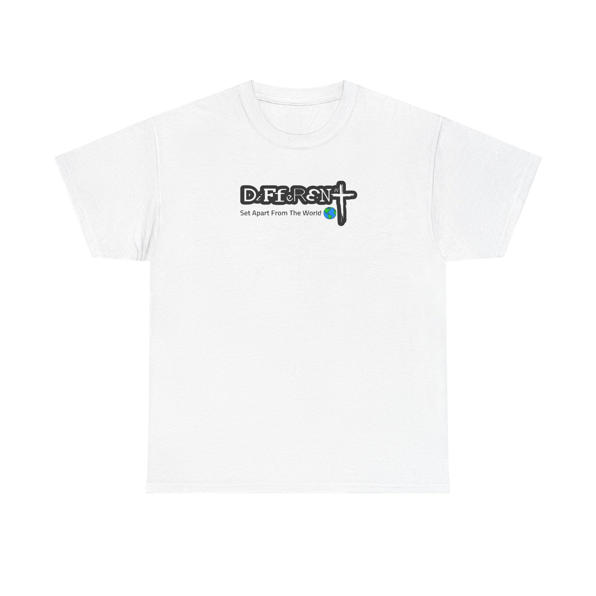 White crew-neck T-shirt with front logo graphic