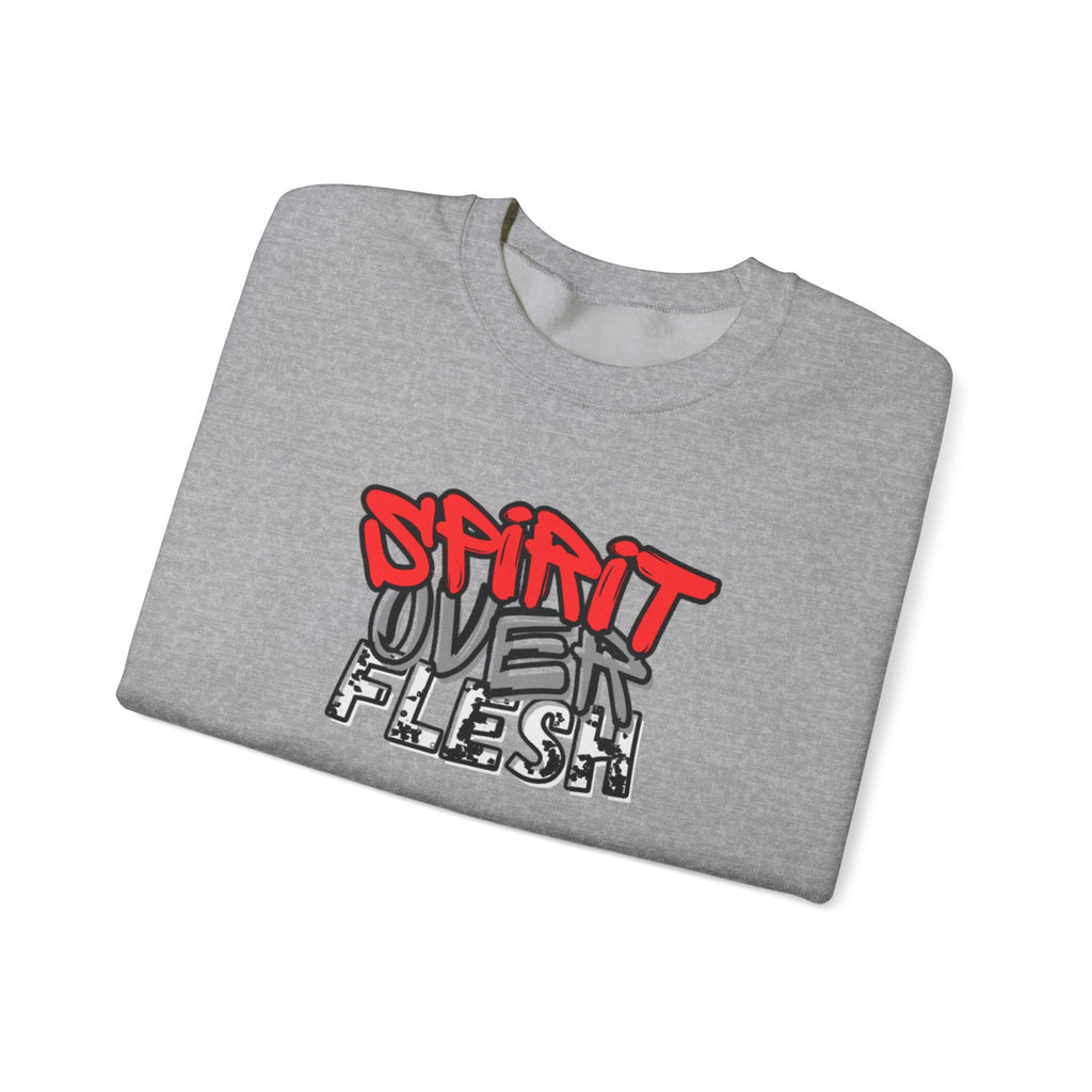 Grey crewneck sweater with Spirit Over Flesh chest graphic