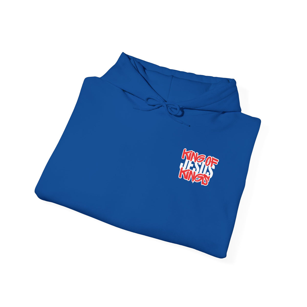 Royal blue hoodie with front graphic logo and drawstring hood