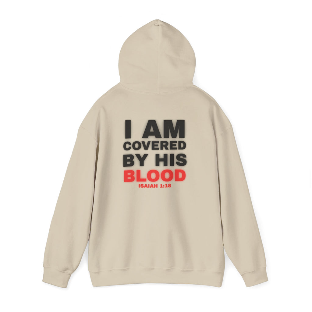 Beige hoodie with back print reading “I AM COVERED BY HIS BLOOD”