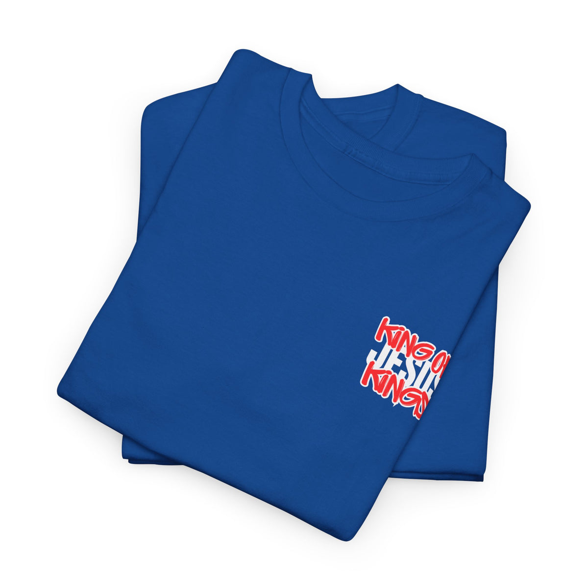 Blue T-shirt featuring a small red and white chest logo graphic