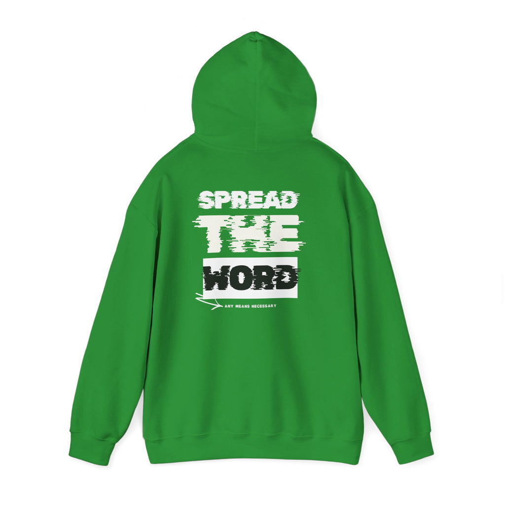 Green hoodie with drawstring hood and rear graphic print