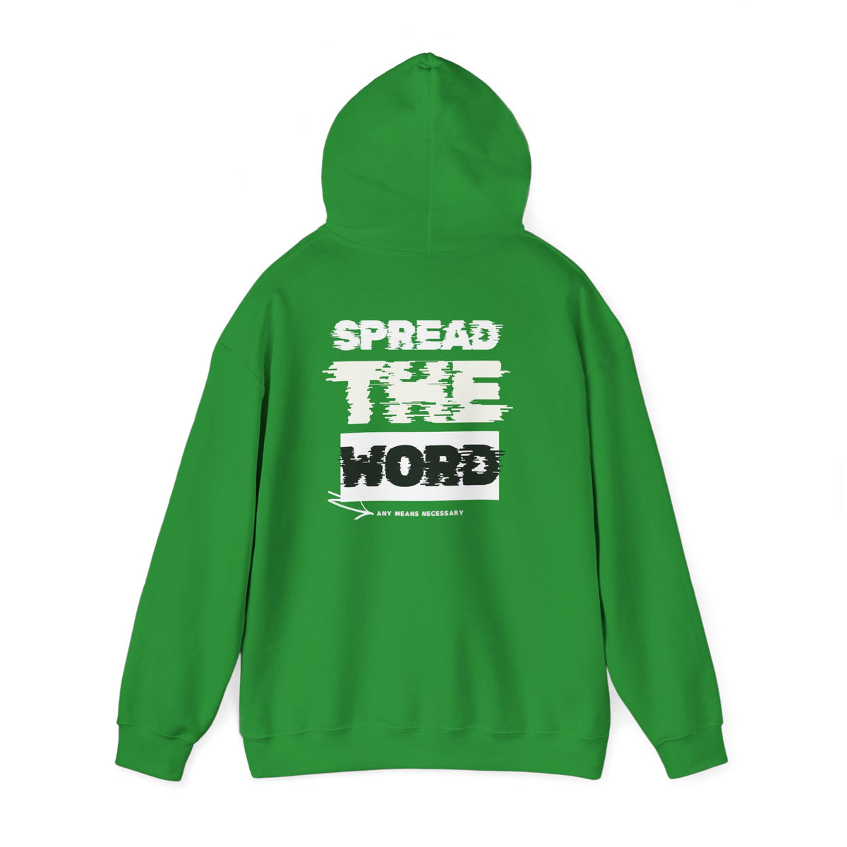 Green hoodie with drawstring hood and rear graphic print