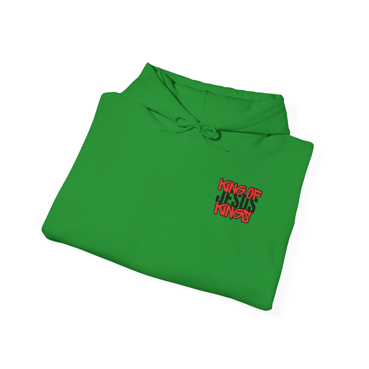 Bright green pullover hoodie with front pocket, drawstring hood, small red/blue chest graphic