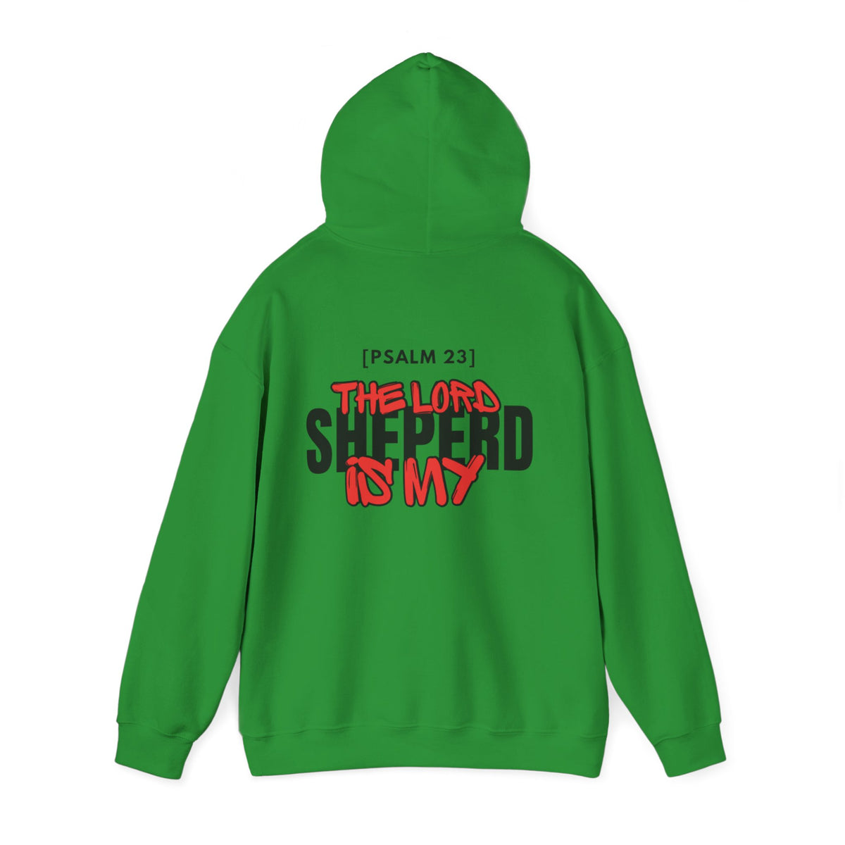 Bright green hoodie with centered back print: '[PSALM 23] THE LORD SHEPHERD IS MY'
