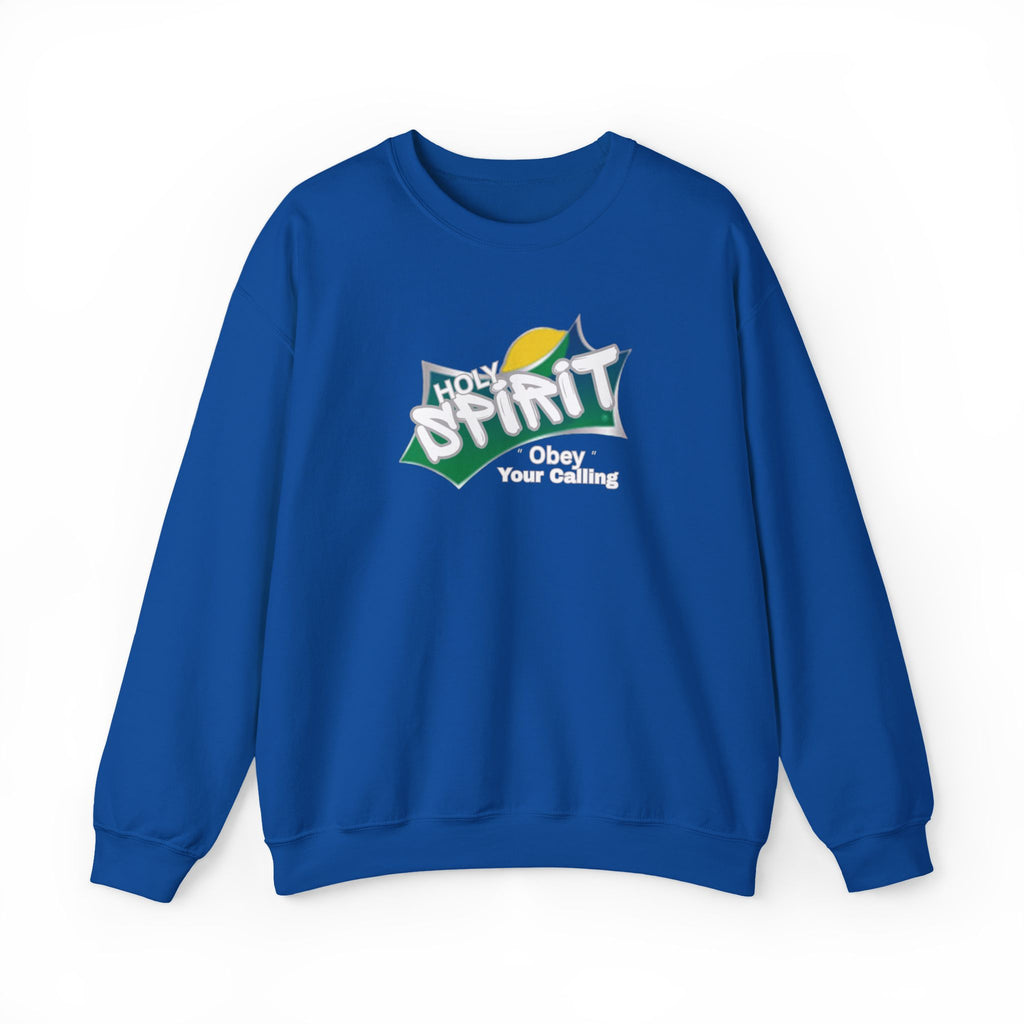 Royal blue crewneck sweatshirt with multicolor “Holy Spirit” chest graphic